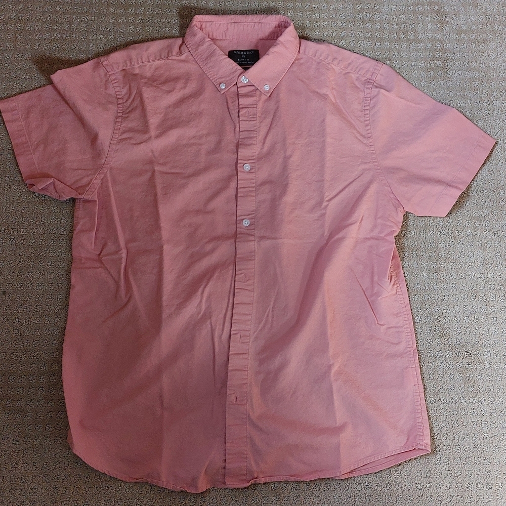 Primark Mens Short Sleeve Button Down Shirt Pink XLarge Slim Fit